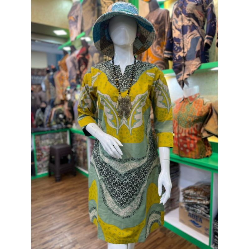 Dres Tunik Qistina Batik Bahan Katun Motif Kuning Lemon