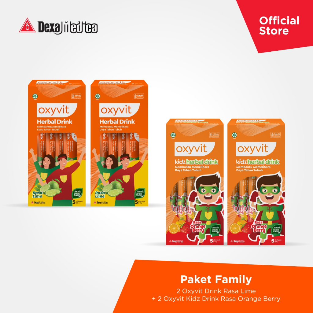 Paket Family | 2 Oxyvit Drink Rasa Lime + 2 Oxyvit Kidz Drink Rasa Orange Berry