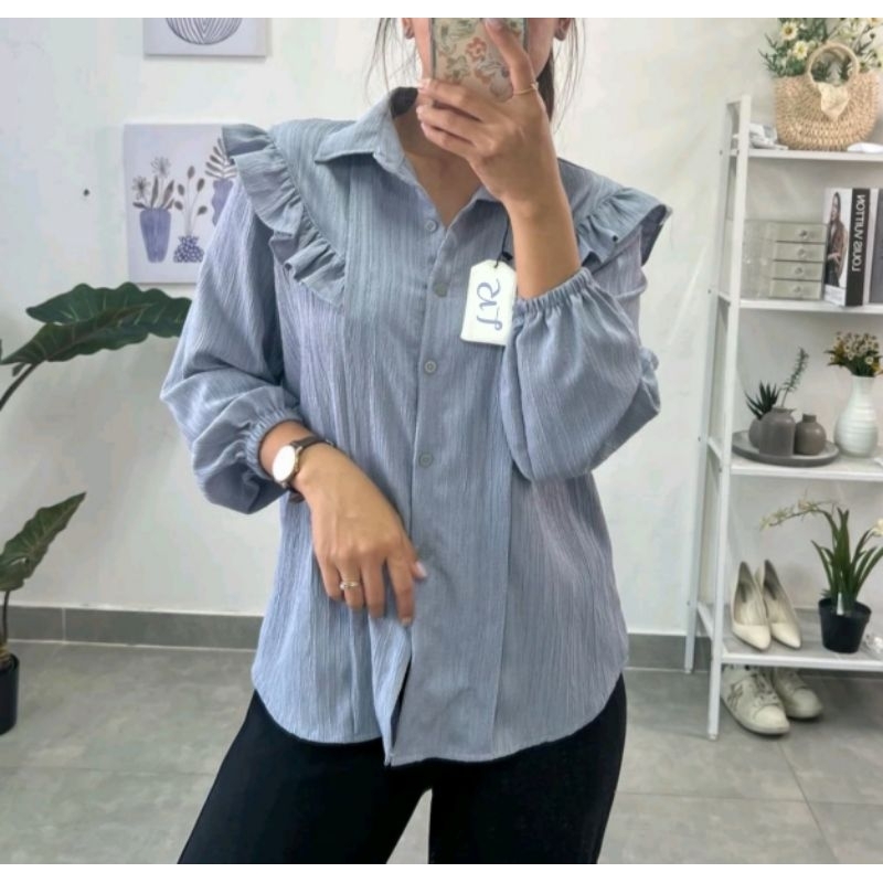 Ruffle Blouse Wanita Ruffle Crinkle Shirt Kemeja Peplum Baju Kantor Formal Kerja Cewek Kemeja Ruffle BabyDoll Tangan Panjang Kemeja Basic Polos Atasan Wanita Lengan Panjang Kancing Depan Longsleeve Shirt Casual shirt