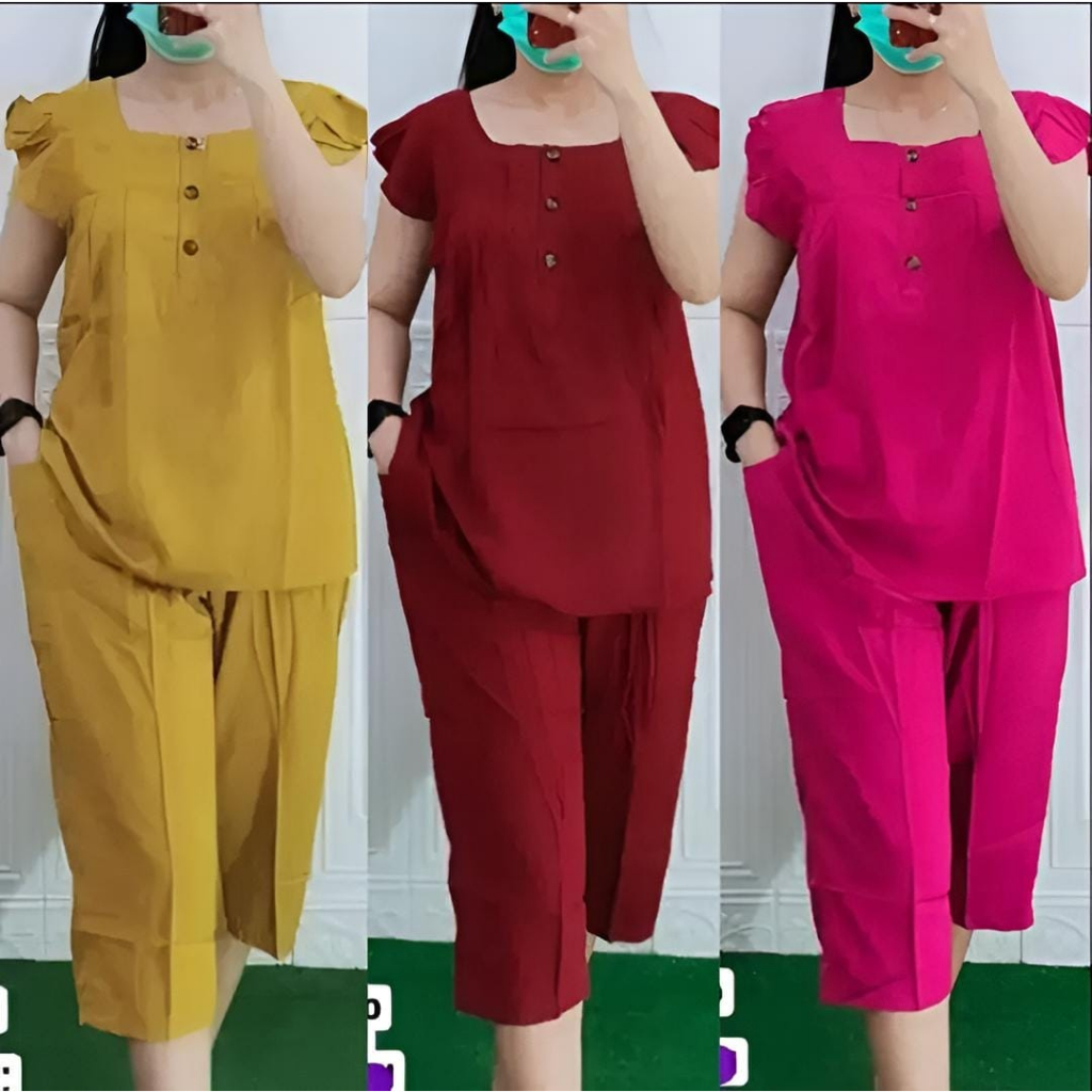 Setelan Bangkok 7/8 Bahan Rayon Crinkle Premium Oneset Crinkle Polos Setelan Wanita Oneset Kancing B