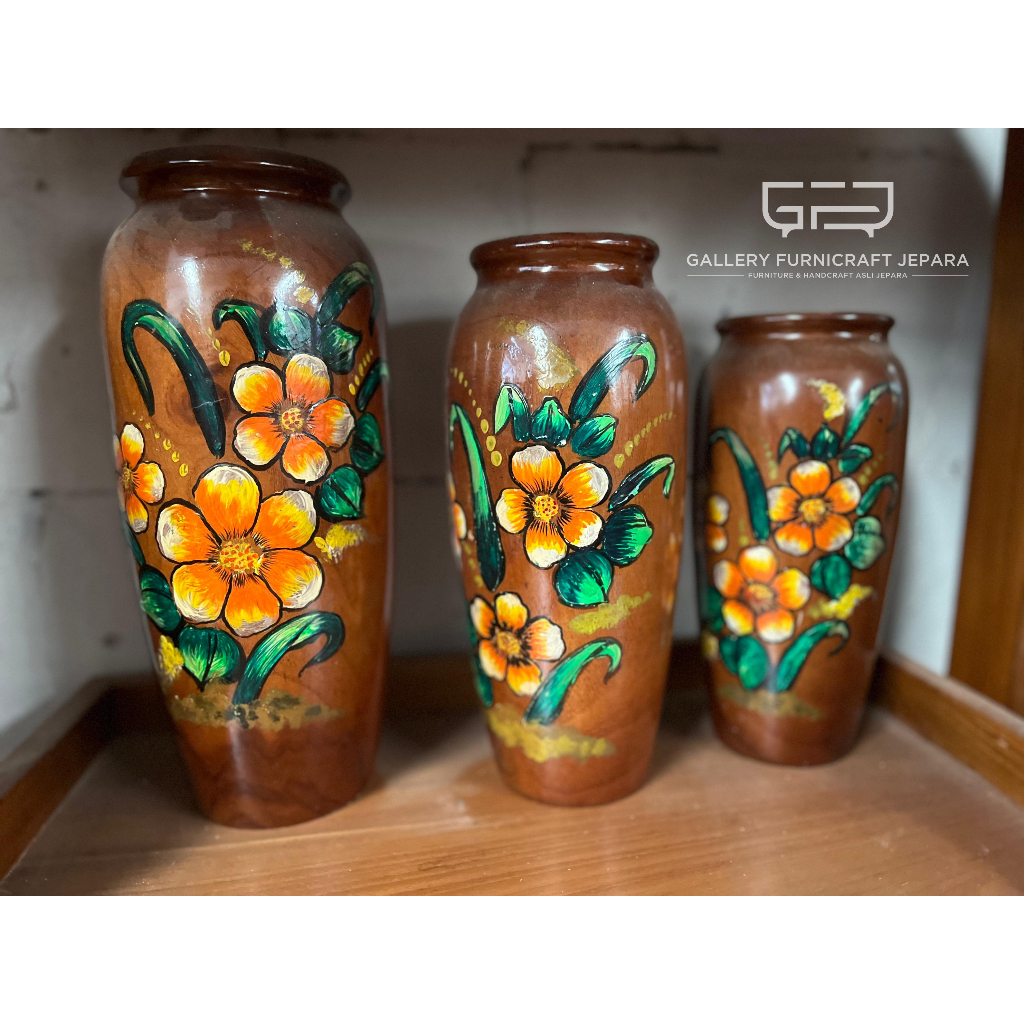 Set Vas Bunga Guci Lukisan Kayu Jati 20 25 30