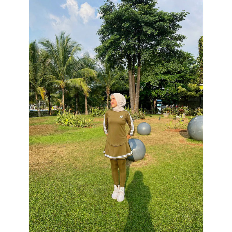 BIG PROMO Mix Atasan Baju Senam N Petir Army Lis Putih dan Legging Rok Army Lis Putih Bahan Polyster