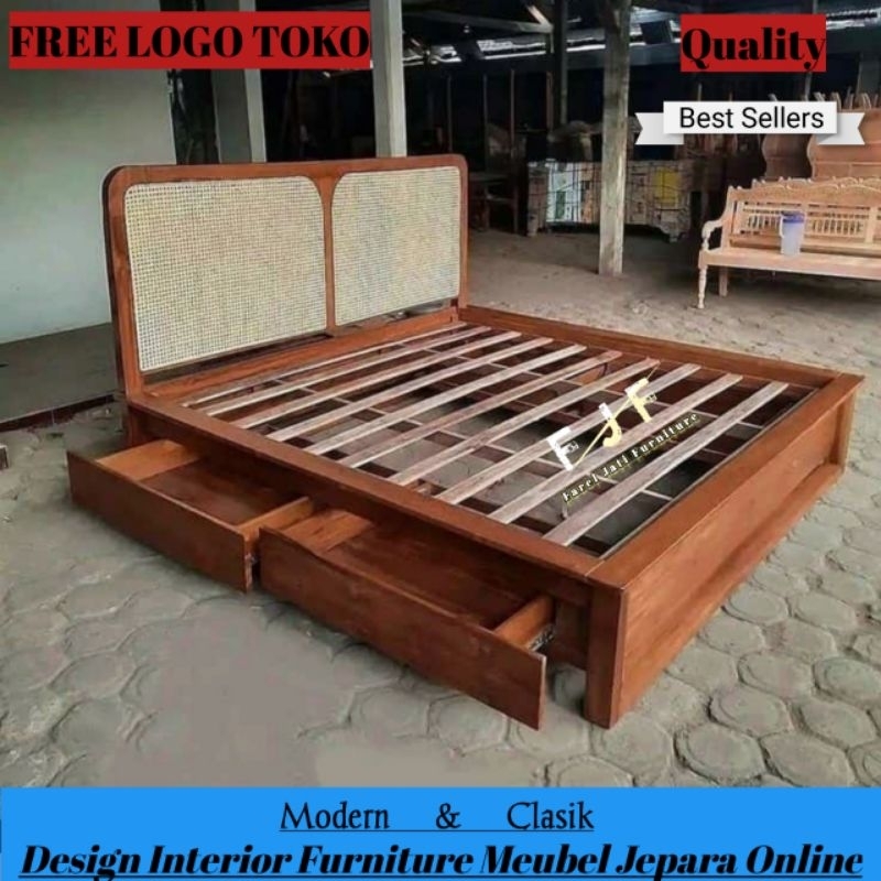 Dipan Rotan Laci Minimalis Kayu Jati Tempat Tidur Rotan Divan Kasur