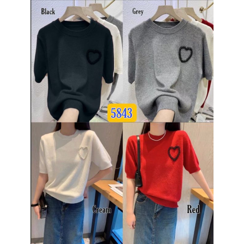 Blouse Pendek Rajut Love Import / Atasan Rajut Korea / Baju Lengan Pendek / Blus Rajut Korean Style 