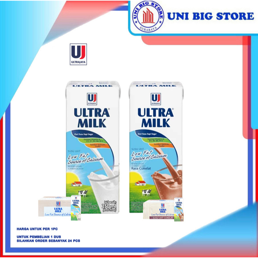

Susu ULTRA Milk Low Fat High Calcium Milk 250 ml Plain dan Coklat