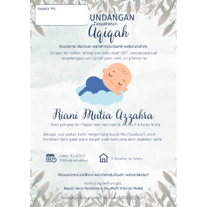 

Undangan Aqiqah / Undangan Tasyakuran/ Undangan Mengayun / Undangan Tasyakuran Aqiqah