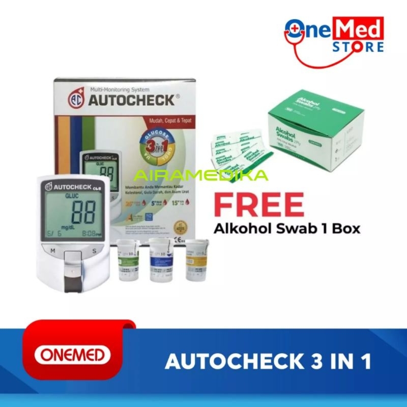 Autocheck 3in1 Alat Cek Gula Darah Asam Urat Kolesterol GRATIS Alhkol Swab Onemed