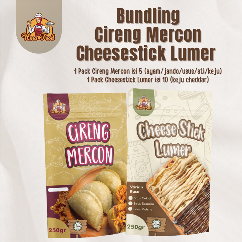 

1 PACK CHEESESTICK LUMER 1 PACK CIRENG MERCON ISI AYAM JANDO ATI USUS KEJU / KEJU AROMA LUMER COKLAT / CIRENG VIRAL BANDUNG / CIRENG ISI AYAM PEDAS UMAFOOD BANDUNG