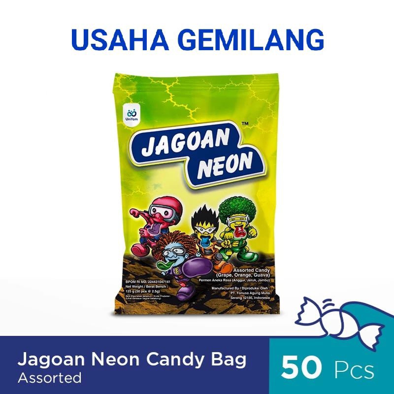 

Jagoan Neon Candy Bag 50pcs - Assorted Candy - Permen Aneka Rasa Anggur, Jeruk & Jambu Permen Jagoan Neon