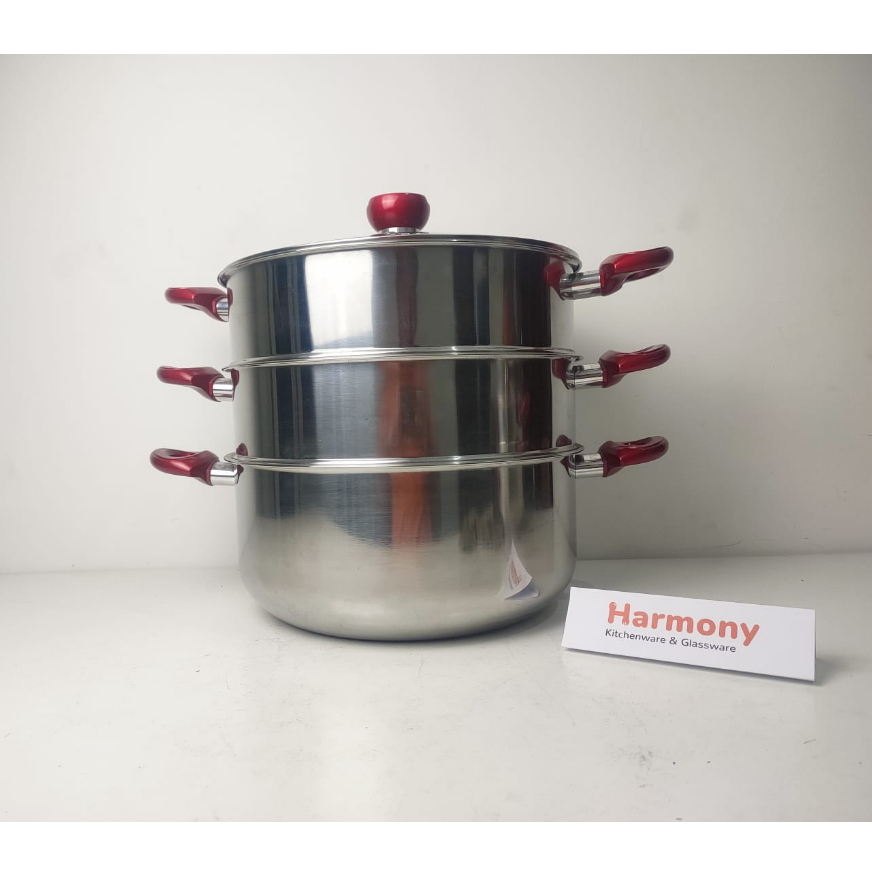 Supra Super Steamer 32cm-2 32cm-3 Panci Kukus Susun Stainless Tebal Handle Tahan Panas Tutup Kaca