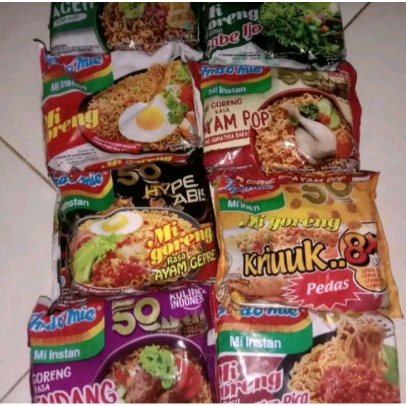 

Indomie Goreng Special 85gr, Indomie Goreng Aceh 85gr, Indomie Goreng Cabe Ijo 85gr, Indomie Goreng Rendang 85gr, Indomie Goreng Kriuk 85gr, Indomie Goreng Ayam Geprek 85gr