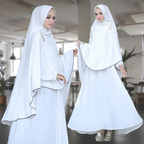 Baju Gamis Set Hijab Putih / Baju Pengajian Wanita / Baju Umroh Haji Wanita / Baju Syari / Set Gamis