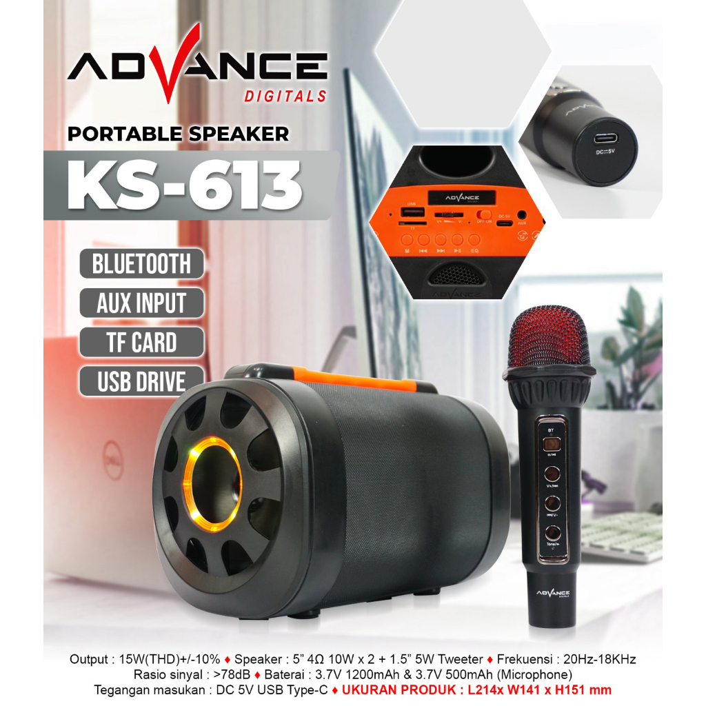 Advance Speaker Bluetooth KS-613 - Speaker Portable Karaoke - Speaker Wireless 5 inch Type  FREE 1 M