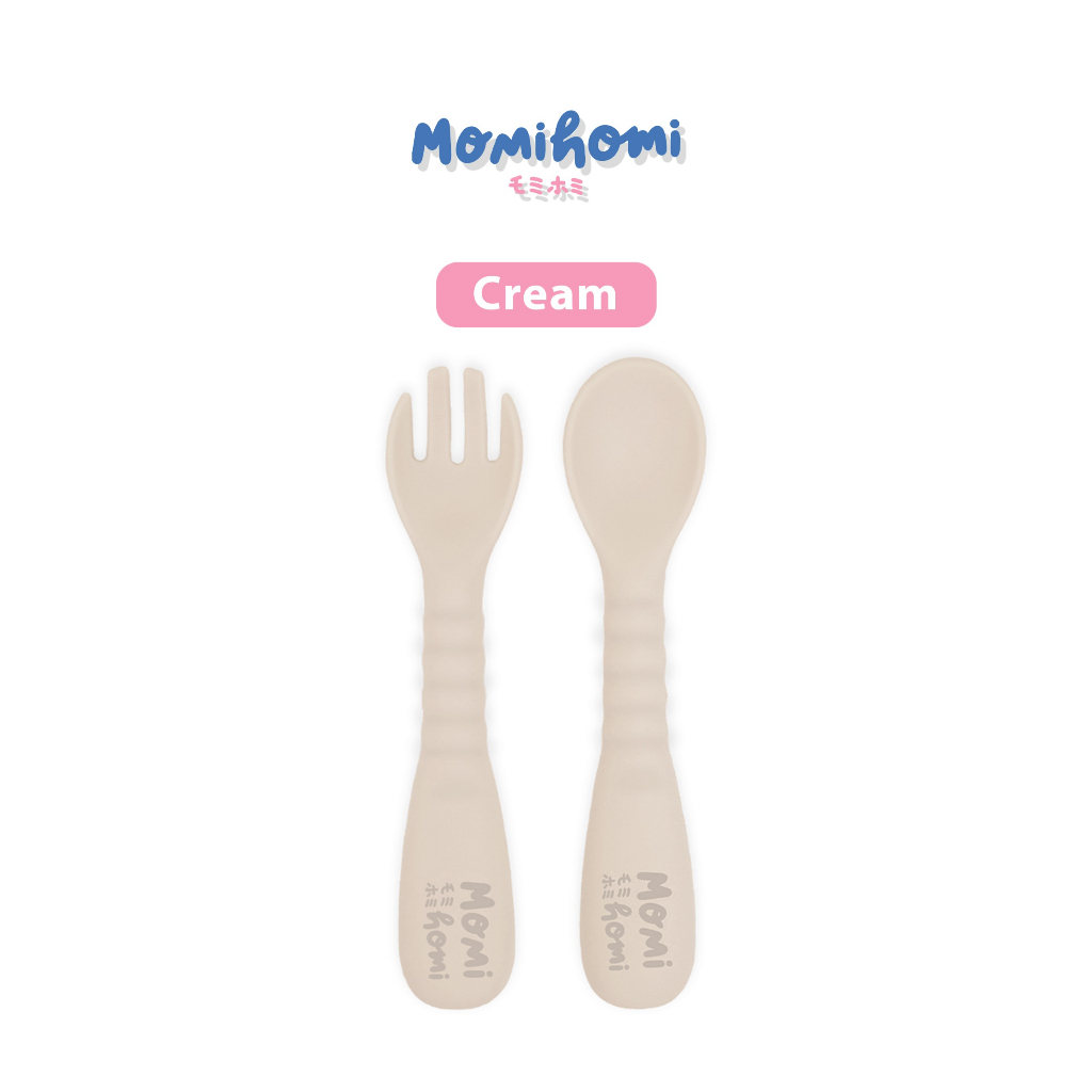 Momi Homi Sendok Silicone Peralatan Perlengkapan MPASI Makan Bayi 2in1 Garpu Dan Sendok BPA FREE Aman Untuk Anak Atau Bayi Sendok Silikon Set Isi 2pcs Baby Feeding Spoons Sillicone Food Grade Desain Unik Bahan Lembut Silicone Premium High Quality Silicon