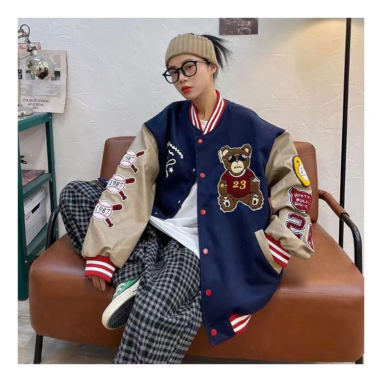 JAKET VARSITY WANITA OVERSIZE - BEAR EMBRIODERY BASEBALL JACKET - STREET KOREAN STYLE TERBARU