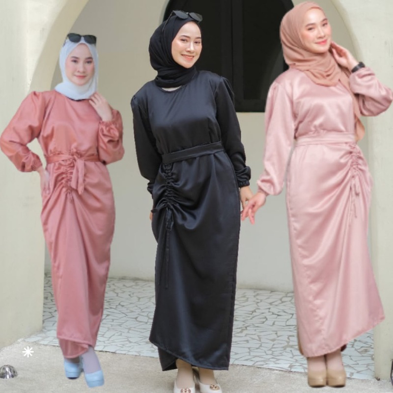 dress serut satin / dress serut samping / gamis serut /gamis satin serut
