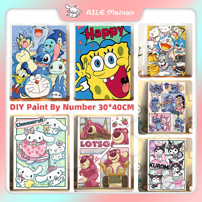 

Paint By Number 30 x 40CM Sanrio Canvas Painting By Numbers Kit Digital Oil Painting DIY Lukisan Pokemon Lotso Kuromi with Frame Digital Painting Landscape Cartoon Anime Series