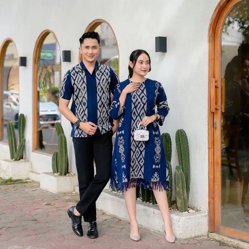 Baju Couple Tenun Pasangan Dress Pesta Kemeja Kondangan Set Couple Prewedding Warna Biru Navy