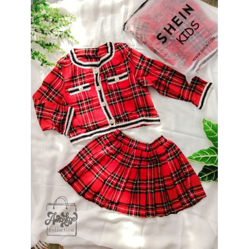 SHEIN KIDS baju anak import stelan cardigan dan rok mini bahan flanel