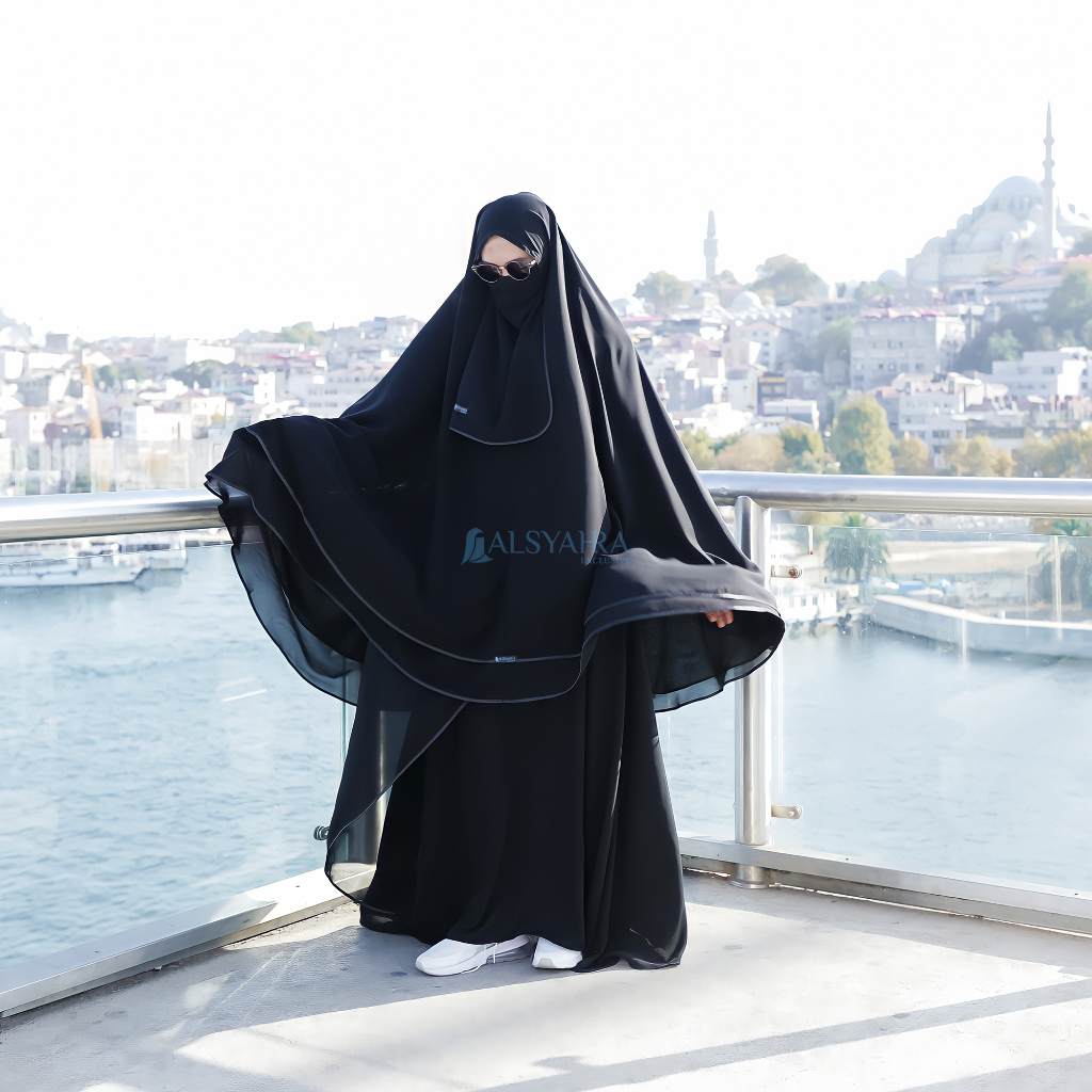 Alsyahra Exclusive - Set Khimar Syari Butterfly 2 Layer Cadar Tali Sifon Silk Jetblack XXL
