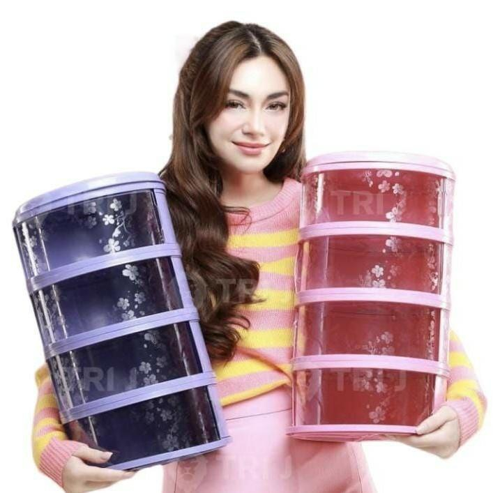 Tudung saji 4 susun rak penyimpanan makanan penutup makanan insulasi tahan panas Bulat