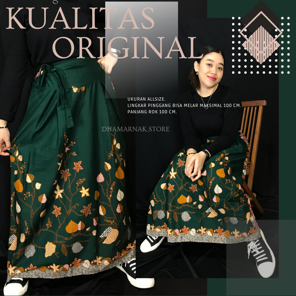 ROK BATIK PAYUNG A LINE DHAMARNAK BAWAHAN BATIK WANITA MODERN MOTIF BUNGA WARNA HIJAU BOTOL KAIN KAT