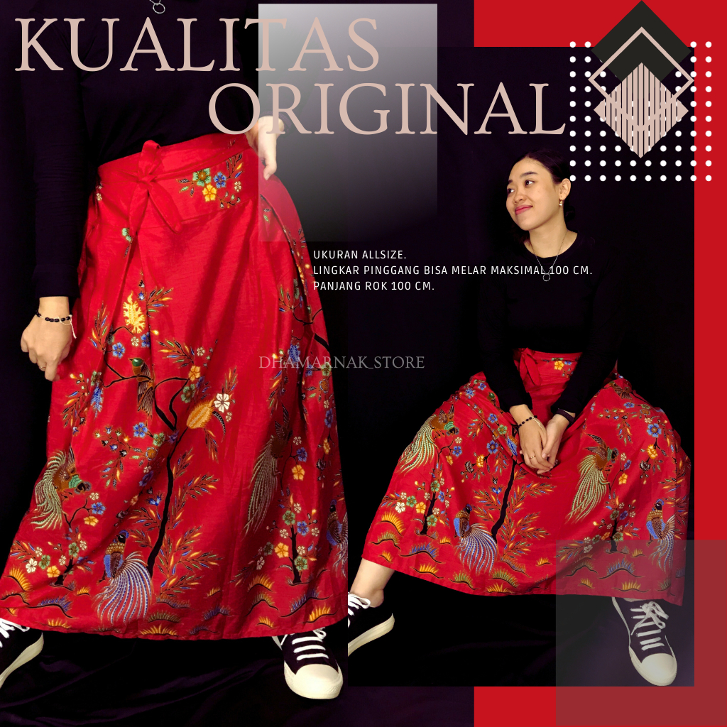 ROK BATIK DHAMARNAK BAWAHAN BATIK WANITA TRADISIONAL PAYUNG MOTIF BUNGA MERAH MODERN KAIN KATUN ALUS