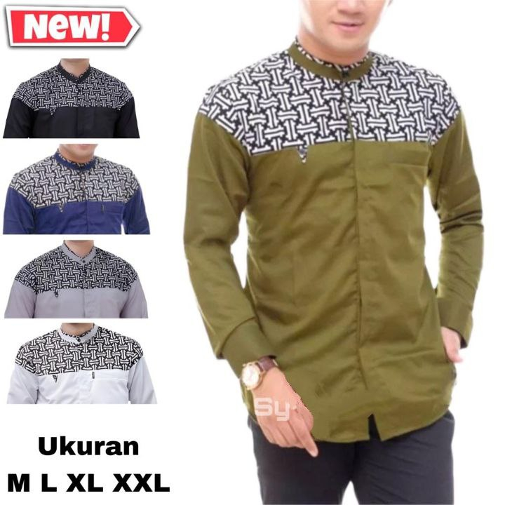 Baju Koko Pria Lengan Panjang Terbaru Kombinasi Batik Terlaris Fashion Muslim M L XL XXL