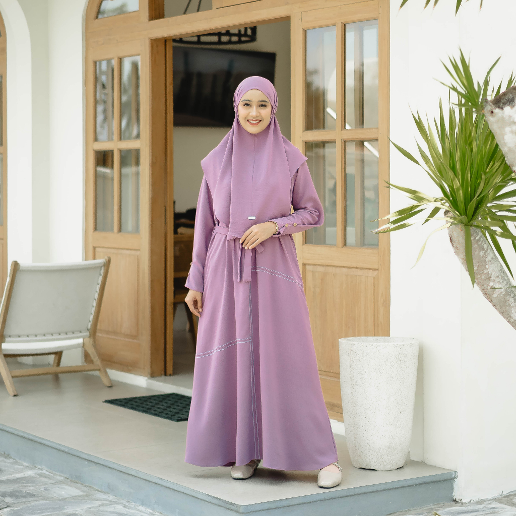 Naisha Official Kanaya Abaya Set Umroh Crinkle Sudah Dapat Gamis dan Jilbab-Dusty Plum