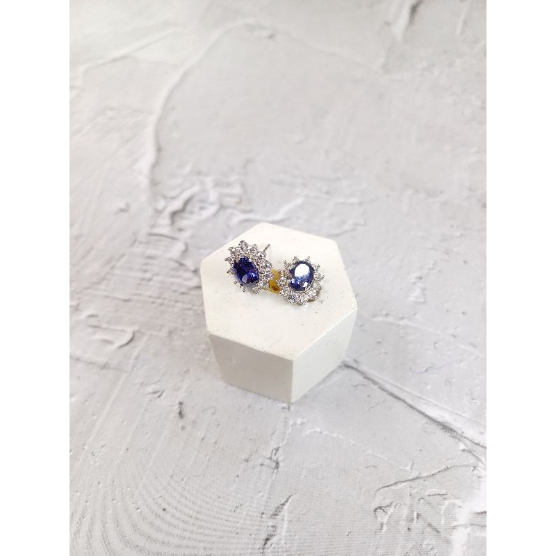 Giwang Anting batu biru cor mata full Emas Asli 17K