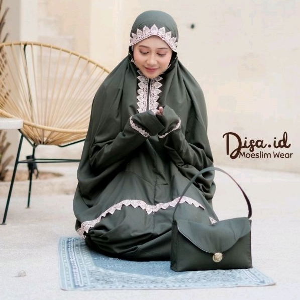 DISA.ID - Mukena Terusan Traveling Lajuran Polos Aisyah Pouch Cantik 2in1 Katun Premium Signature Jumbo