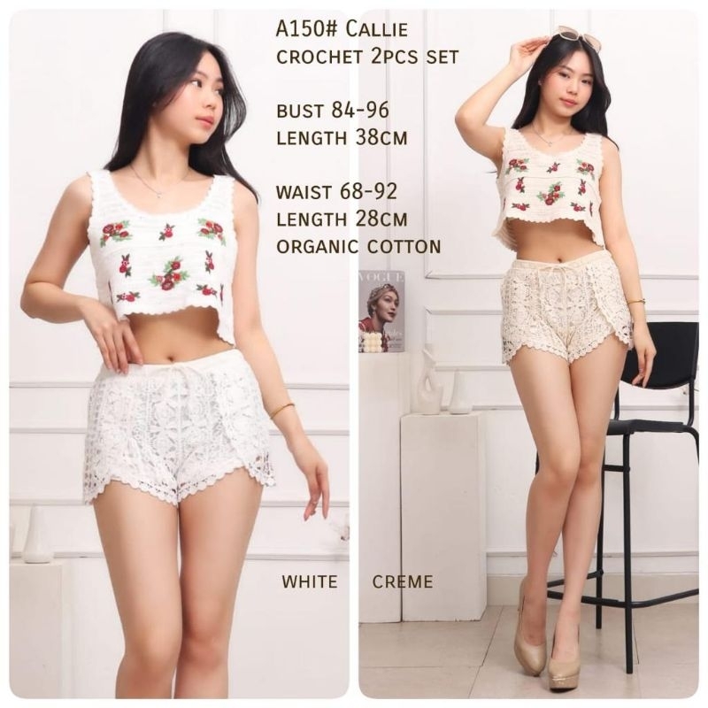 A150 Set2PCS Setelan ONESET baju atasan tanktop crop set celana pendek short pants renda Korea Korea