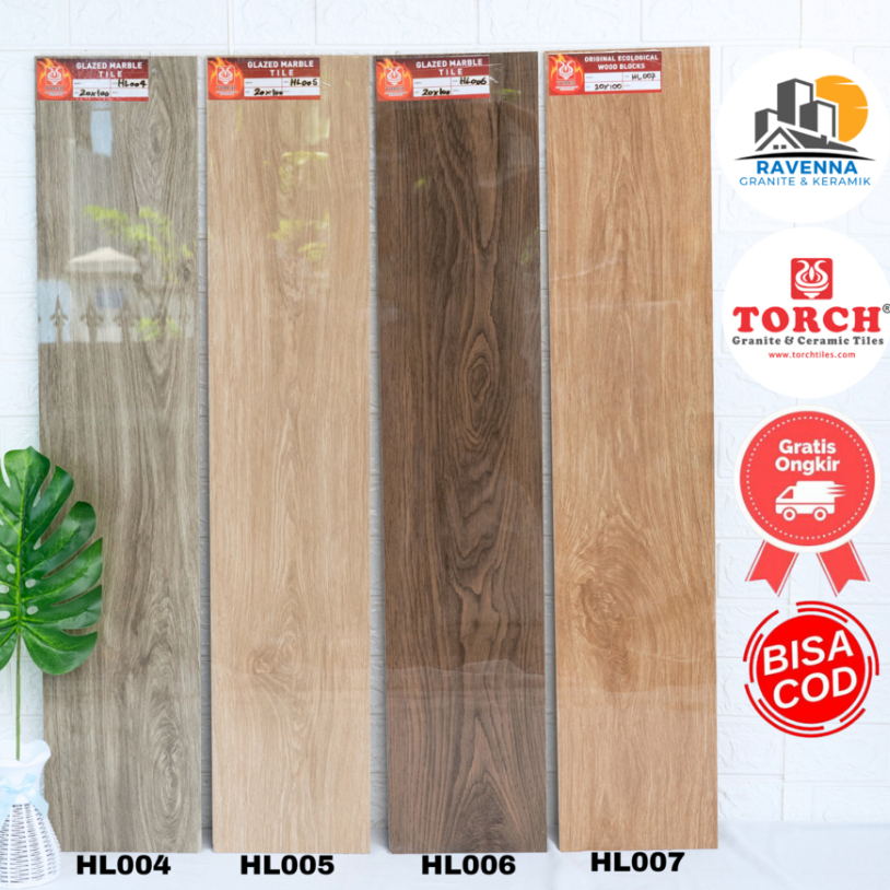 Granit Lantai Motif Kayu Seri HL 20x100 Glossy Torch Free Ongkir