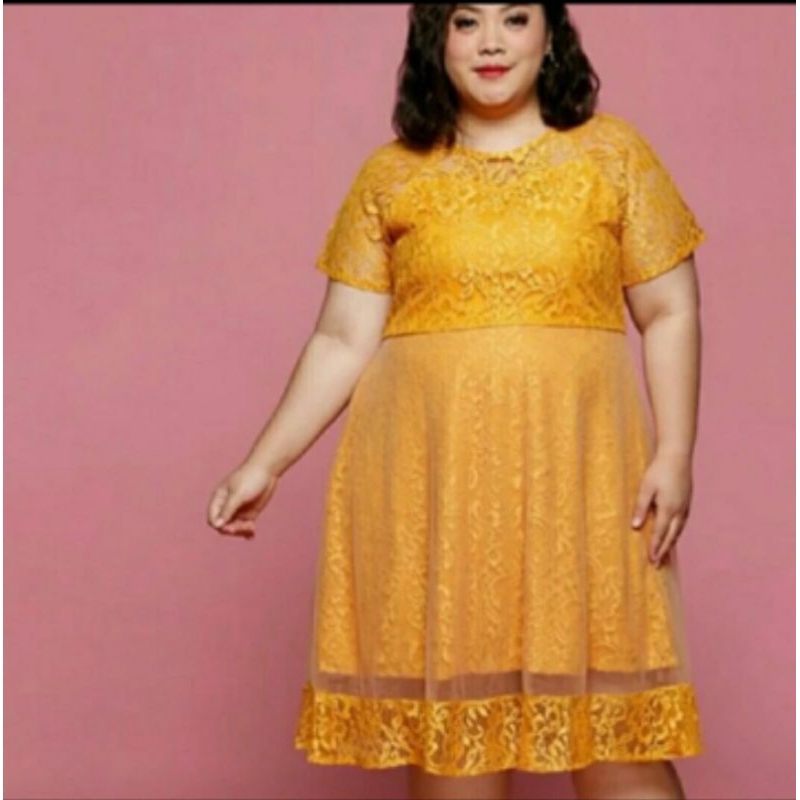 dress brokat big size/dress brokat mustard/dress pesta big size