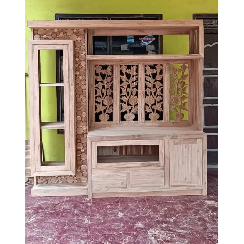 partisi penyekat ruangan buffet meja tv kayu jati minimalis ukir furniture mebel