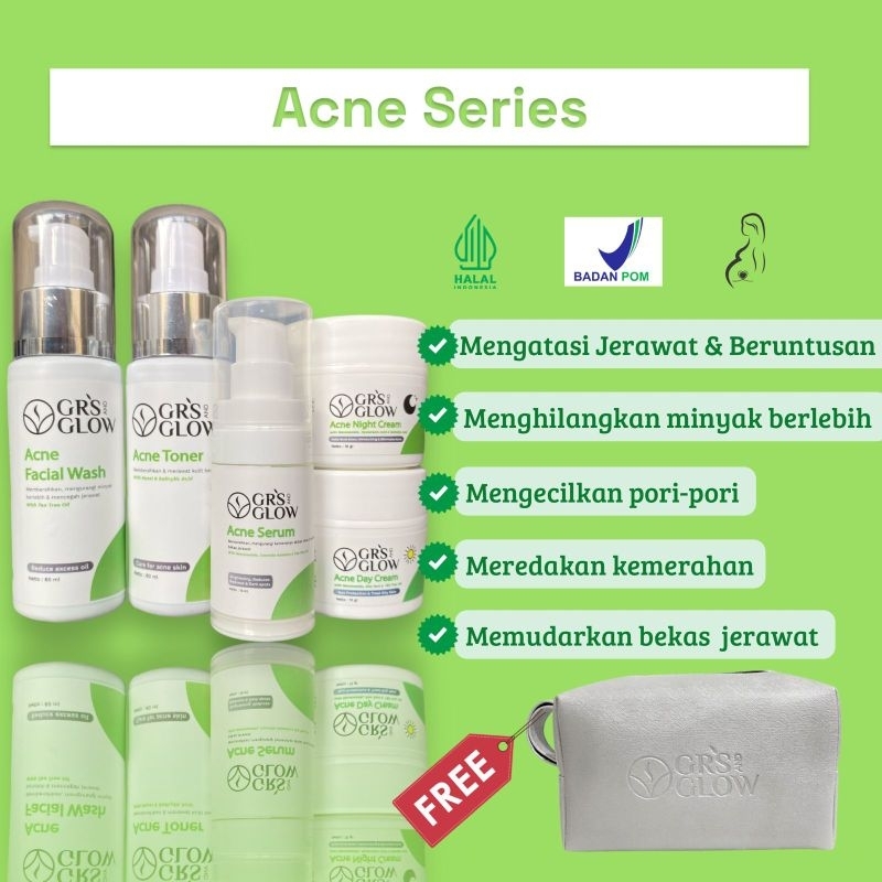 PAKET ACNE GRS AND GLOW SERIES (JERAWAT) KEMASAN BARU SKINCARE KULIT SENSITIF, KUSAM DAN BERJERAWAT 