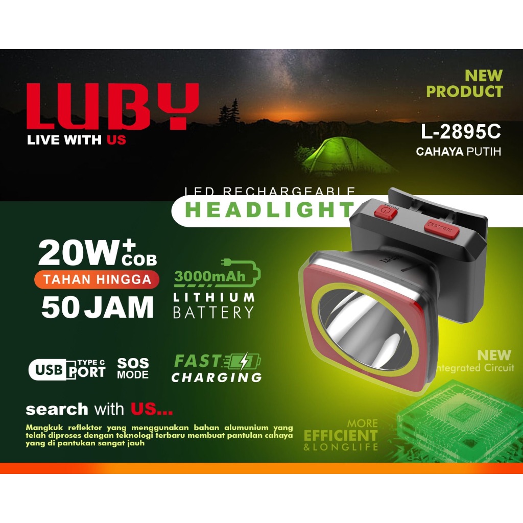 Luby Senter Kepala L-2895C 20W + COB Led Rechargeable Cahaya PUTIH