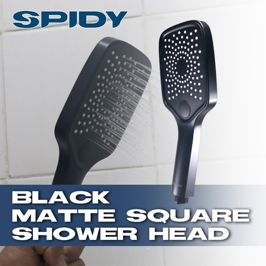 Spidy Kepala Shower Hitam Minimalis Kotak 3 Mode Tekanan Tinggi