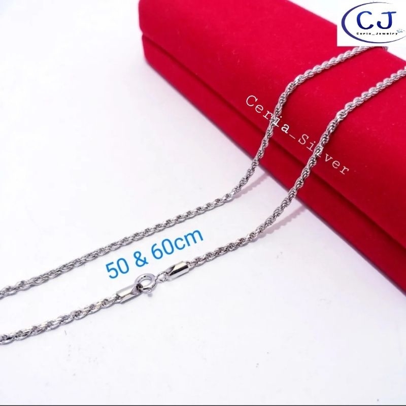 Kalung Perak Pria Wanita Silver Asli 925 Lapis Emas Putih Model Tambang 50 Dan 60 Cm - Kalung Pria Wanita Anti Karat