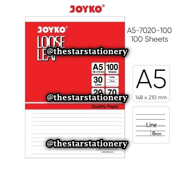 

(1 Pak Isi 100 Lembar) GROSIR Loose Leaf Joyko A5 100 Lembar / Loose Leaf Isi Kertas File Binder Joyko A5-7020-100