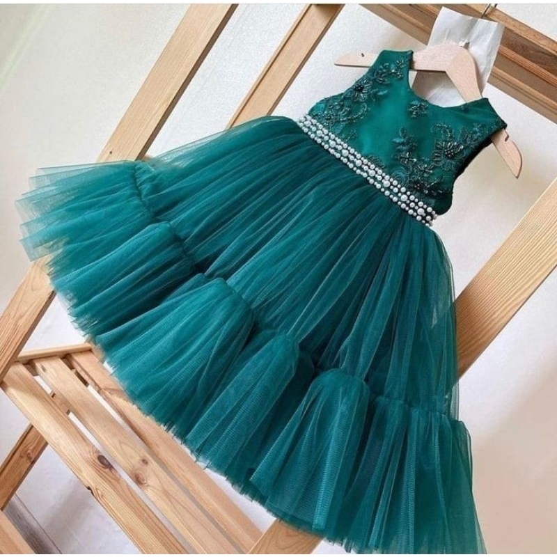 Baju Pesta Anak Gaun Pesta Hijau Natal Bahan Tile