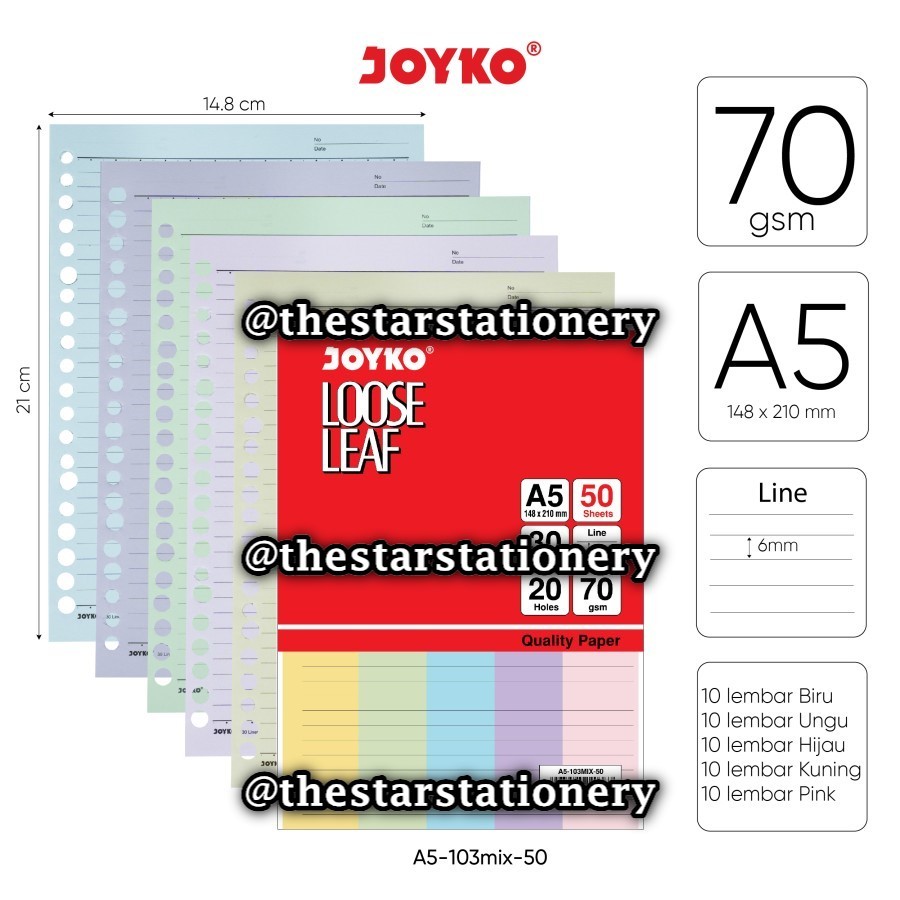 

(1 Pak Isi 50 Lembar) GROSIR Loose Leaf Joyko A5 50 Lembar Rainbow / Loose Leaf Isi Kertas File Binder Joyko A5-103MIX-50