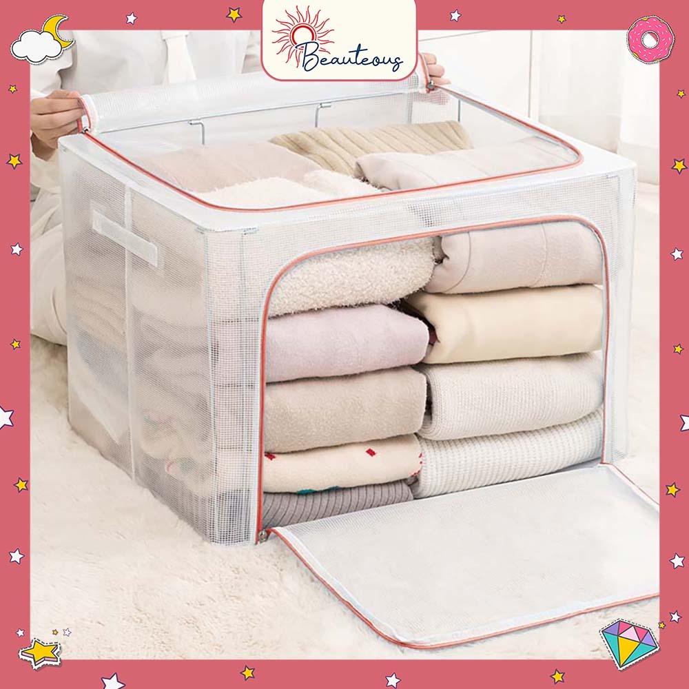 Storage Box Transparan Tempat Penyimpanan Baju Bad Cover Box Organizer Resleting Serbaguna