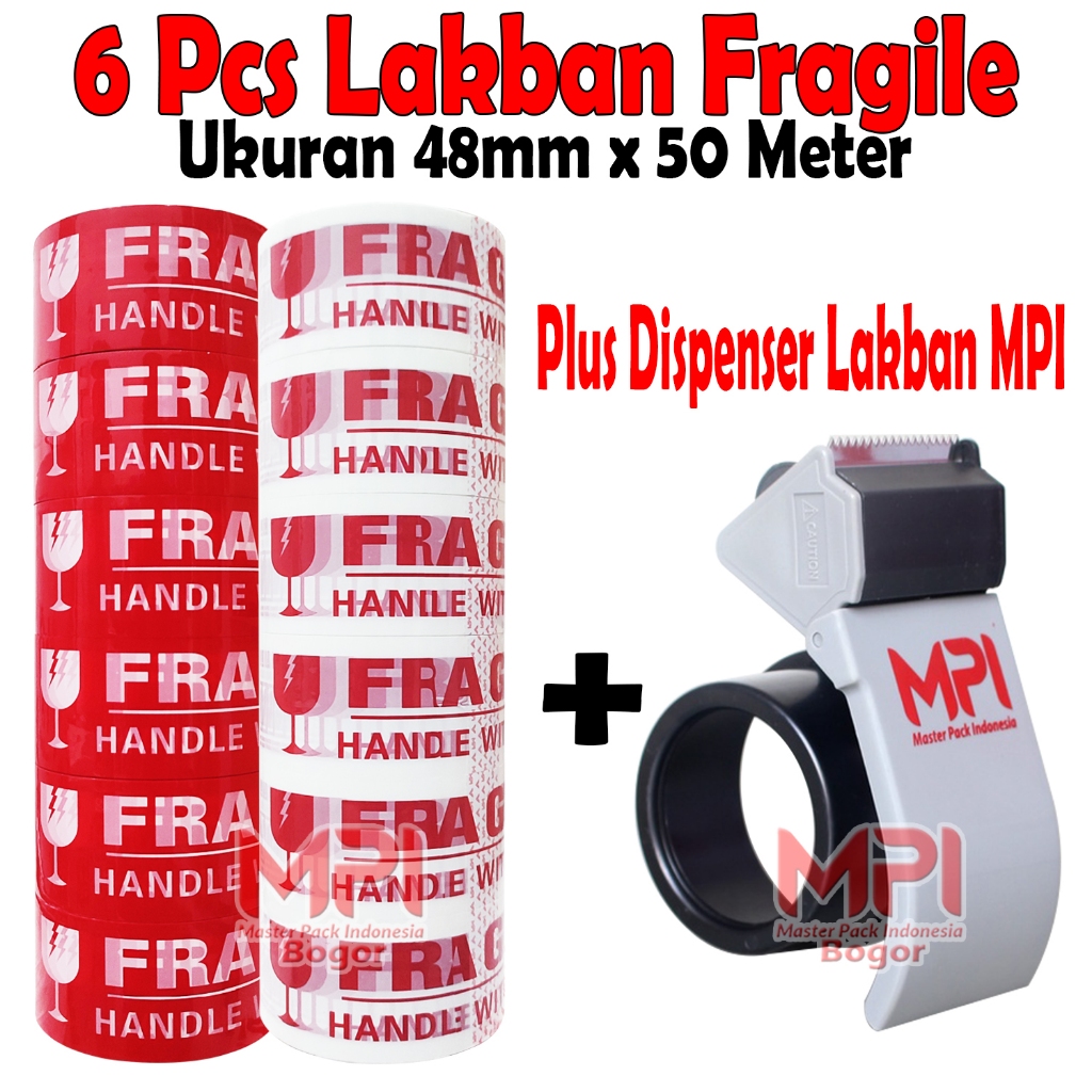 

6 PCS - Lakban Fragile Merah - Fragile Putih MPI 48 mm x 50 yard + Dispenser Lakban MPI