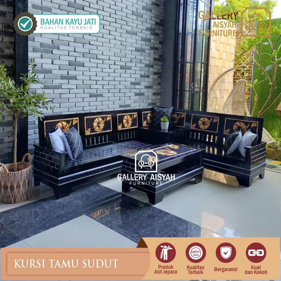 Kursi Ruang Tamu Model Sudut L Bahan Kayu Jati Sudah Finishing Duko Hitam Minimalis 2023