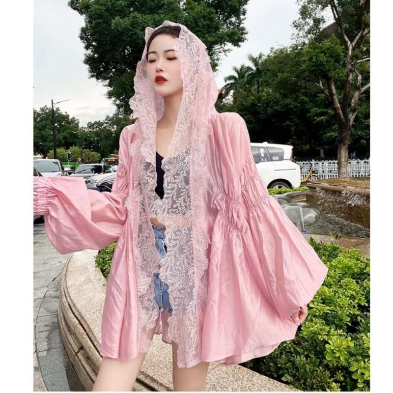 6082 Atasan auter outer luaran hoodie hudi kupluk renda lace polos cantik bagus murah promo koreanlo