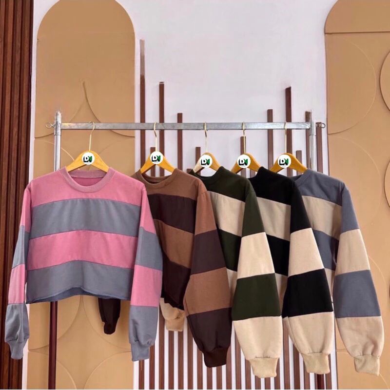 Sweater Crop Stripe Wanita - Sweater Oversize Crop Wanita - Sweater Belang Crop