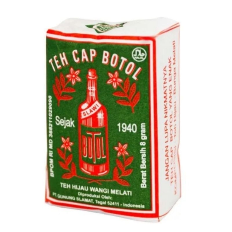 

teh cap botol,teh cap botol air (teh hijau wangi melati) 1pak 10 pcs kecil.