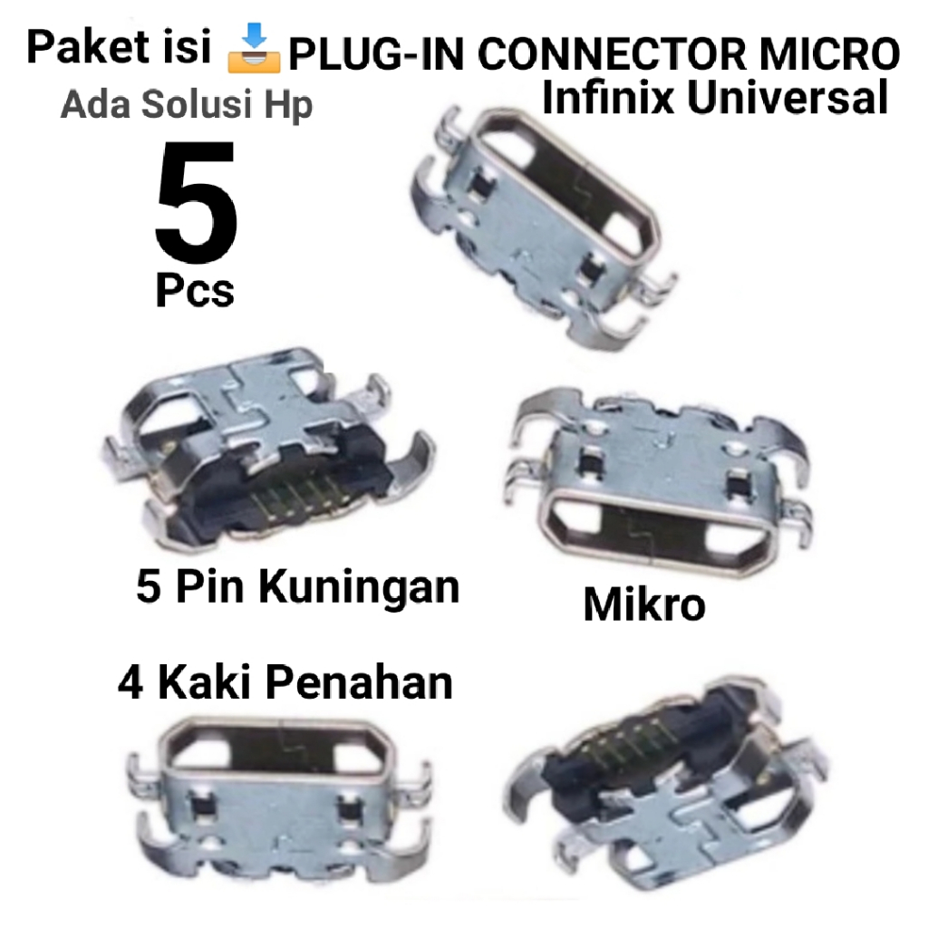 Isi 5 Pcs Infinix Konektor Cas Mikro X680 Hot 9 10 Play Plug in 5 Pin Kuningan Connector Charger Por