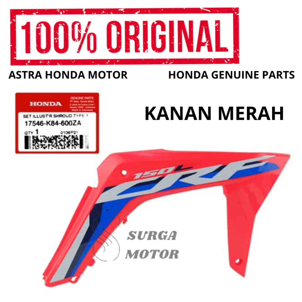 Cover Shroud Sayap Kanan Merah Type 1 Honda CRF150L K84 Extreme Red Original AHM 17546-K84-600ZA Kov